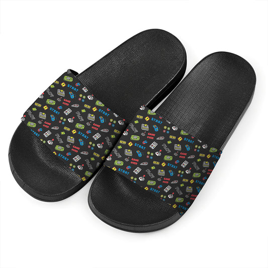 Video Game Gadgets Pattern Print Black Slide Sandals