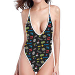 Video Game Gadgets Pattern Print One Piece High Cut Swimsuit