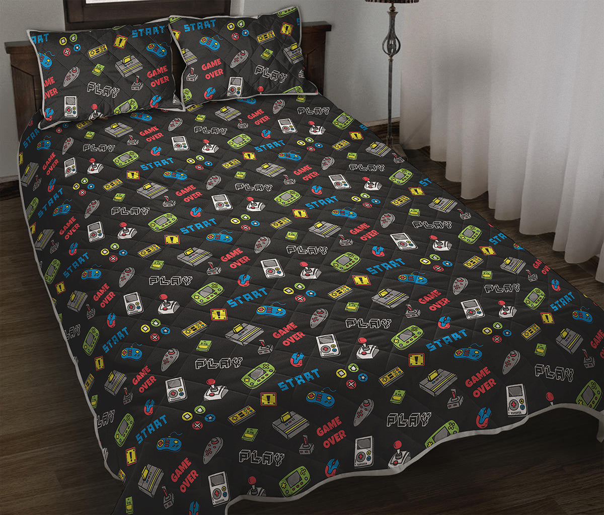 Video Game Gadgets Pattern Print Quilt Bed Set