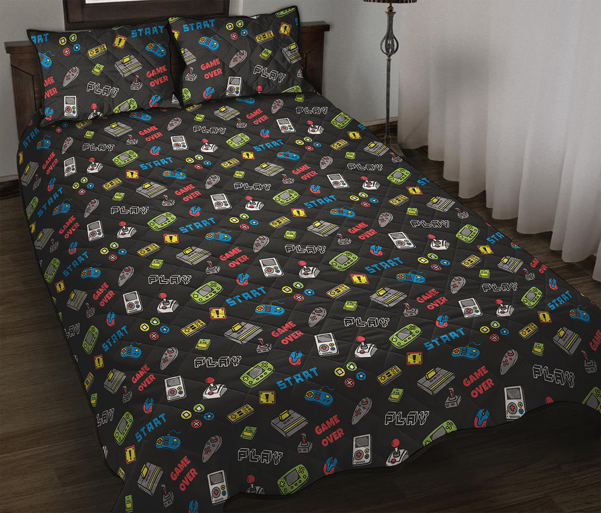 Video Game Gadgets Pattern Print Quilt Bed Set