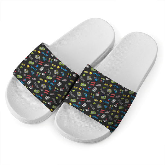 Video Game Gadgets Pattern Print White Slide Sandals