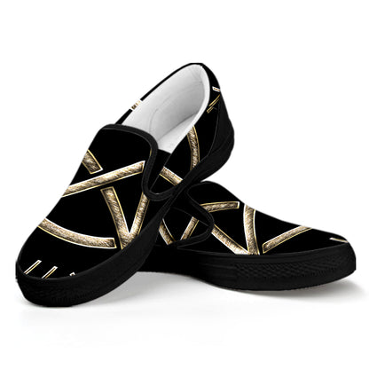 Viking Nordic Runes Pentagram Print Black Slip On Shoes