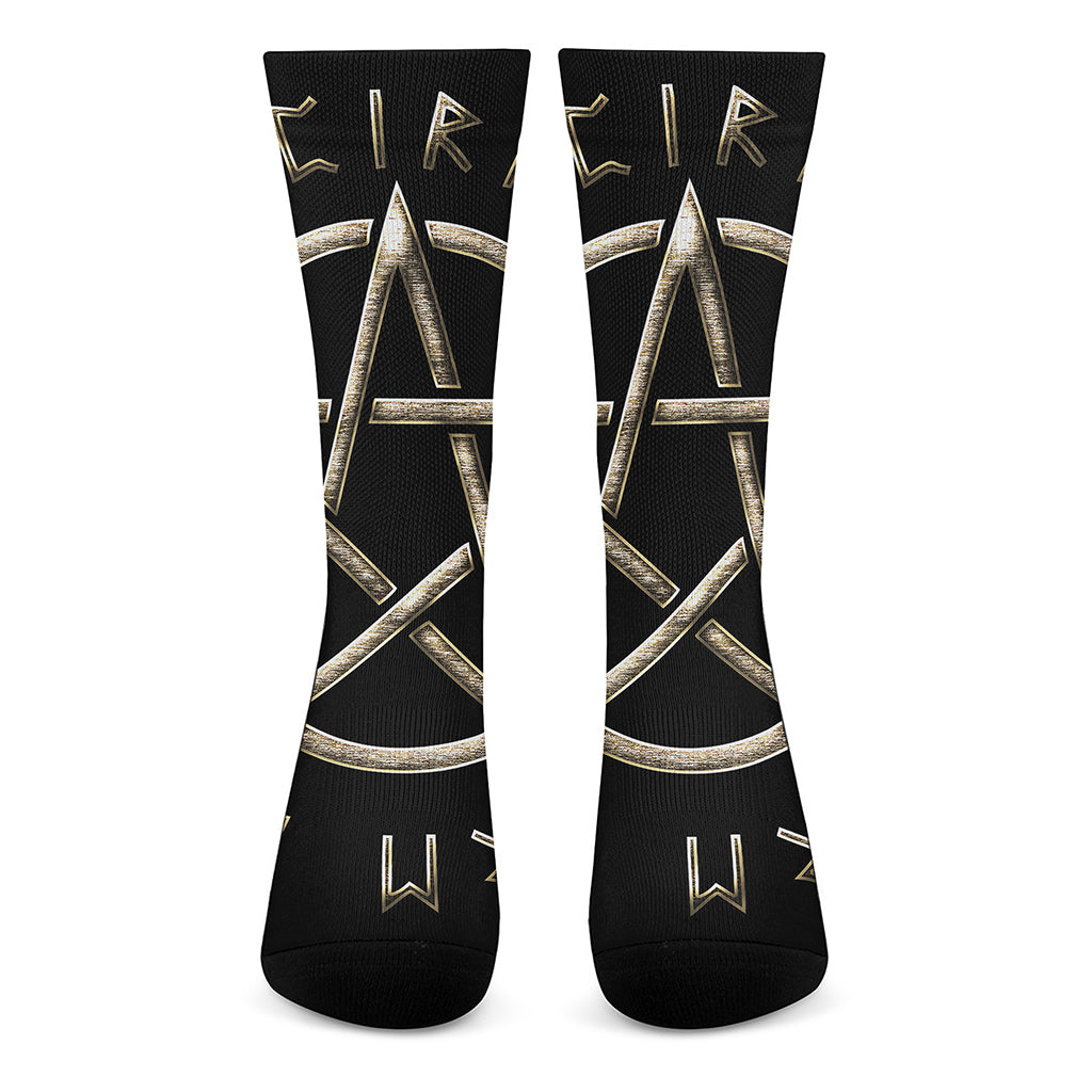 Viking Nordic Runes Pentagram Print Crew Socks