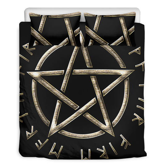 Viking Nordic Runes Pentagram Print Duvet Cover Bedding Set