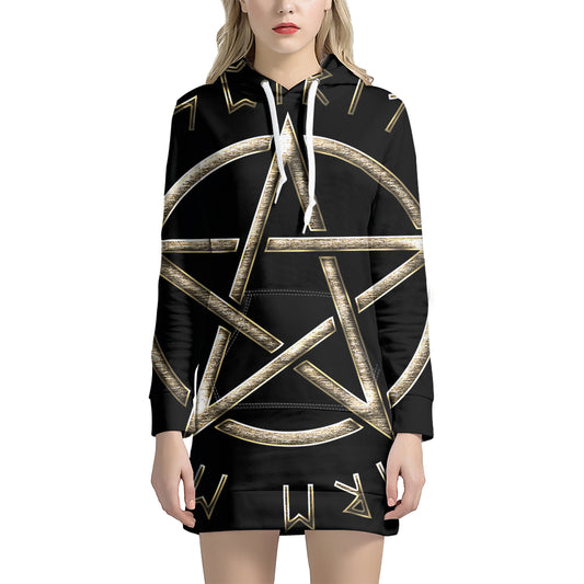 Viking Nordic Runes Pentagram Print Pullover Hoodie Dress