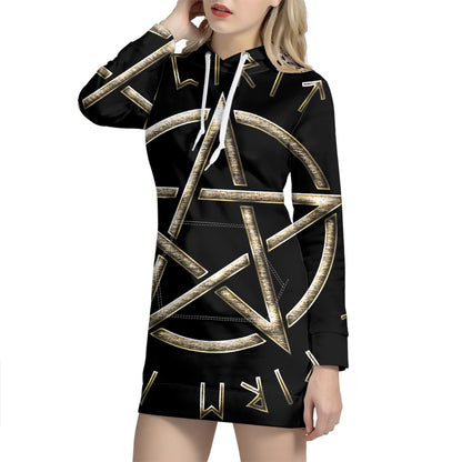 Viking Nordic Runes Pentagram Print Pullover Hoodie Dress