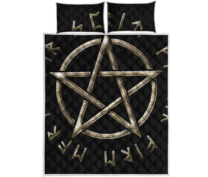 Viking Nordic Runes Pentagram Print Quilt Bed Set