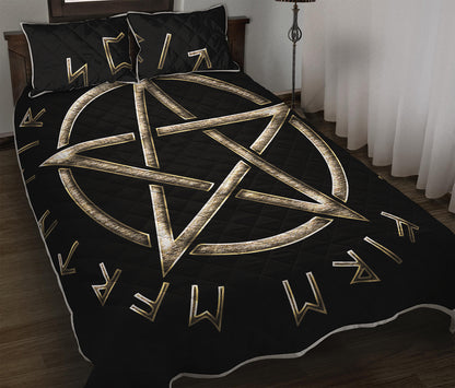 Viking Nordic Runes Pentagram Print Quilt Bed Set