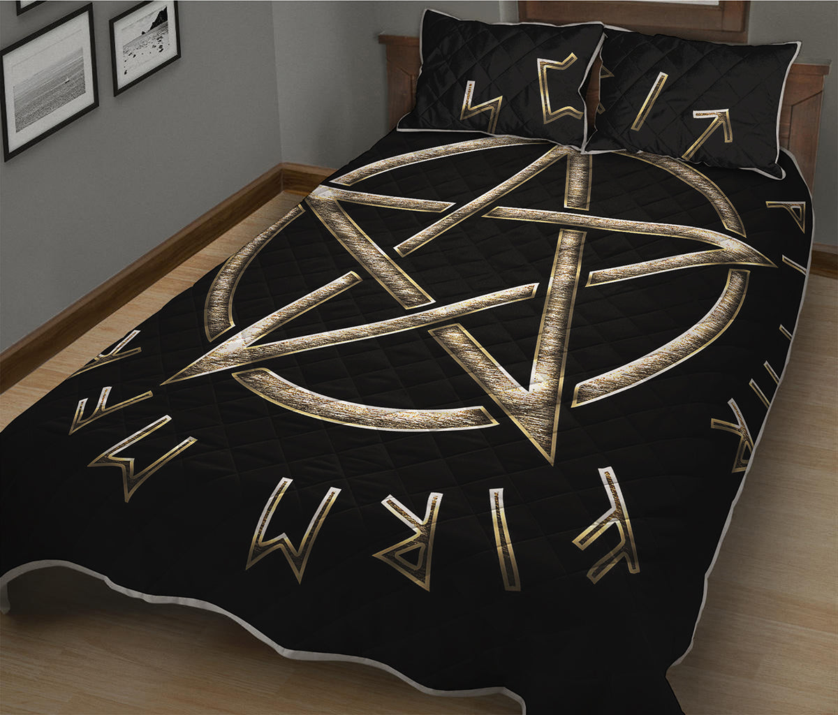 Viking Nordic Runes Pentagram Print Quilt Bed Set