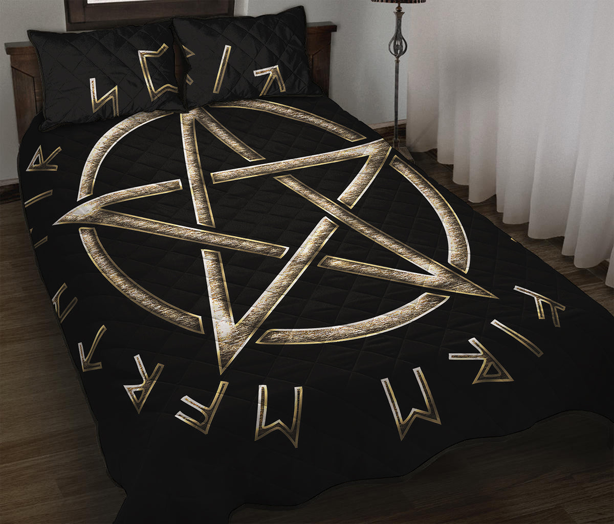 Viking Nordic Runes Pentagram Print Quilt Bed Set