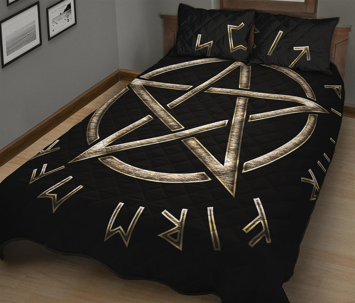 Viking Nordic Runes Pentagram Print Quilt Bed Set