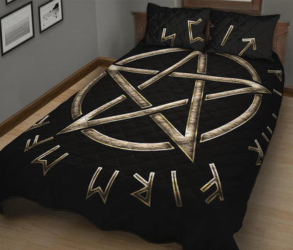 Viking Nordic Runes Pentagram Print Quilt Bed Set