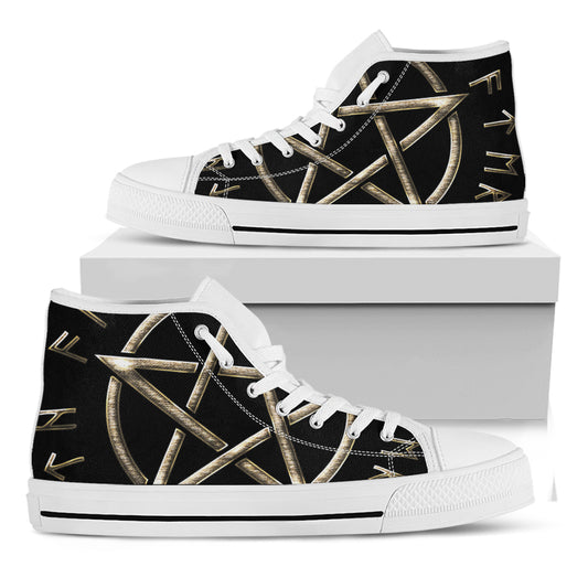 Viking Nordic Runes Pentagram Print White High Top Shoes