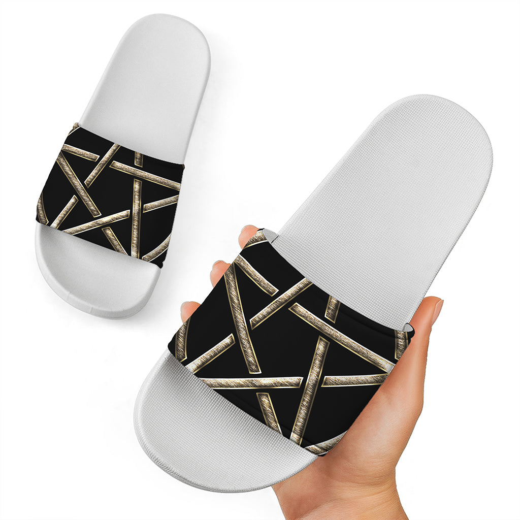 Viking Nordic Runes Pentagram Print White Slide Sandals