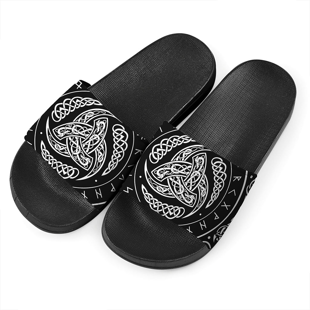 Viking Triple Horn Of Odin Print Black Slide Sandals
