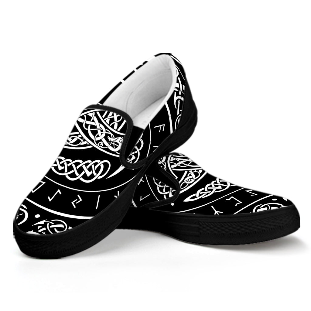 Viking Triple Horn Of Odin Print Black Slip On Shoes