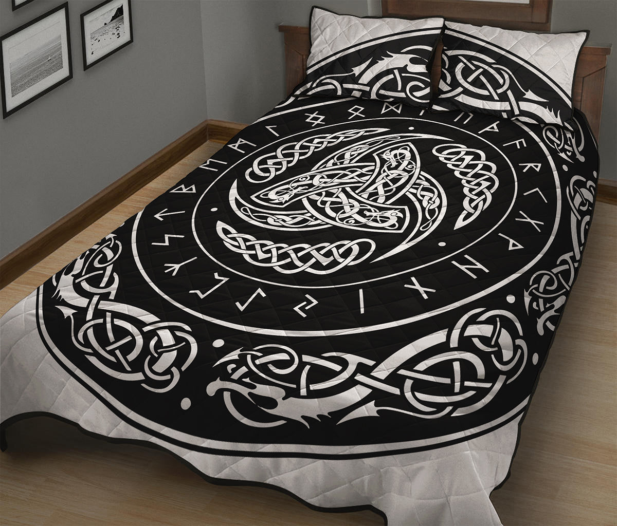 Viking Triple Horn Of Odin Print Quilt Bed Set