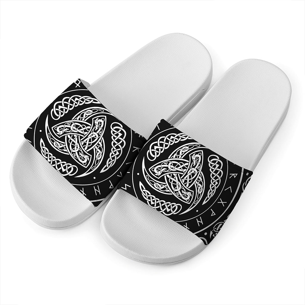 Viking Triple Horn Of Odin Print White Slide Sandals