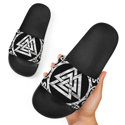 Viking Valhalla Symbol Print Black Slide Sandals