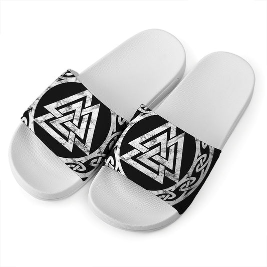 Viking Valhalla Symbol Print White Slide Sandals