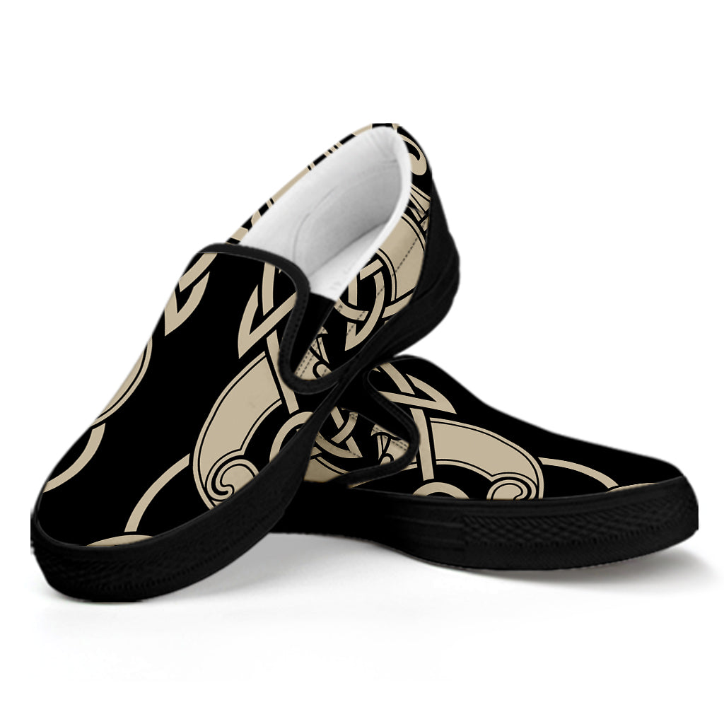 Viking Wolves Symbol Print Black Slip On Shoes