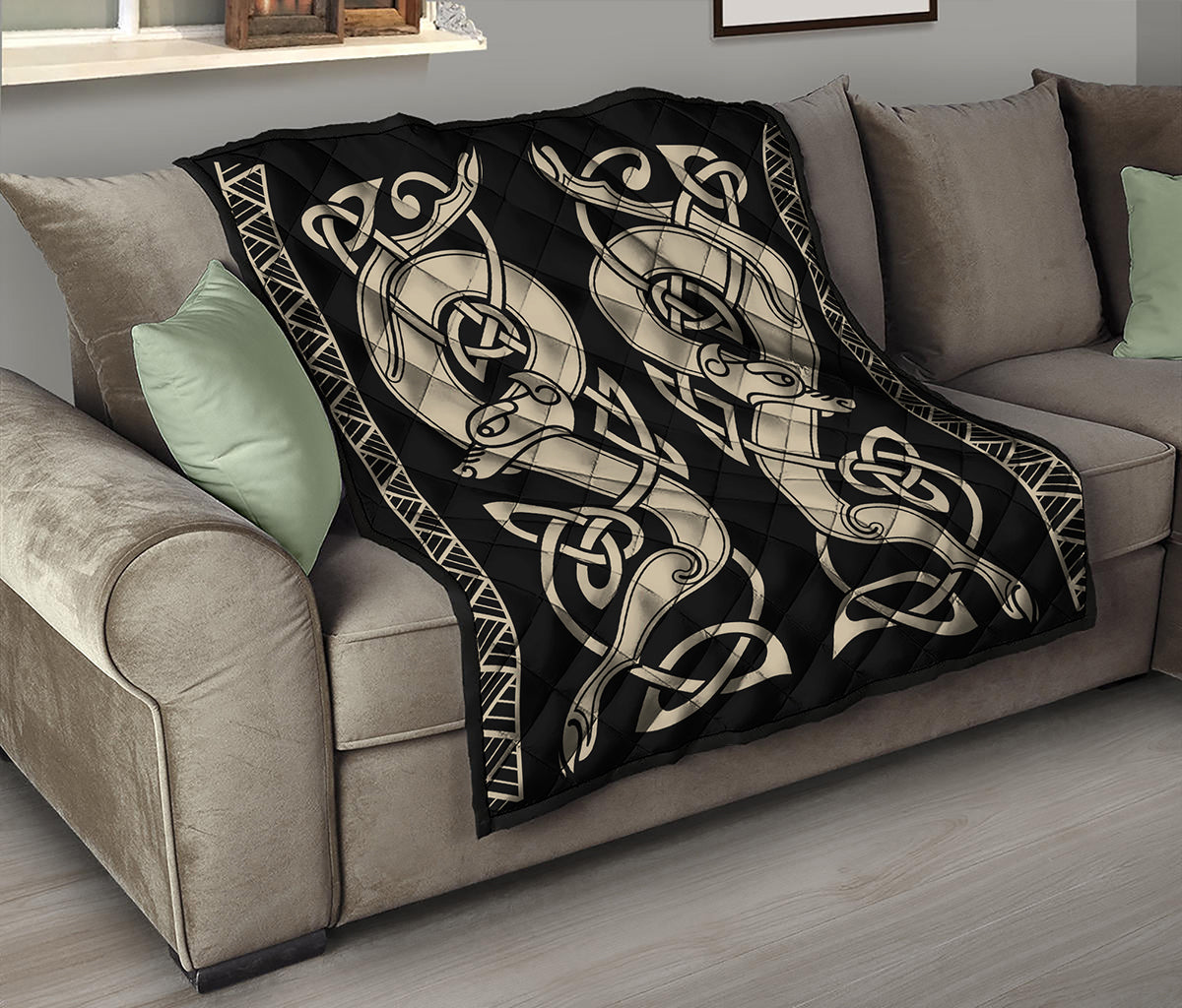 Viking Wolves Symbol Print Quilt