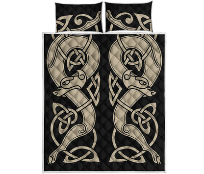 Viking Wolves Symbol Print Quilt Bed Set