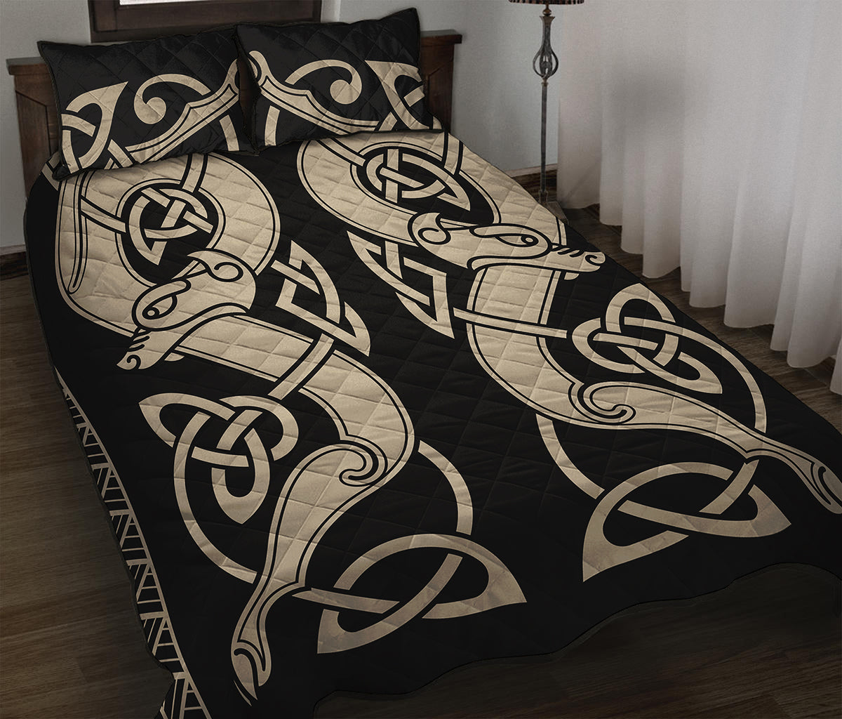 Viking Wolves Symbol Print Quilt Bed Set