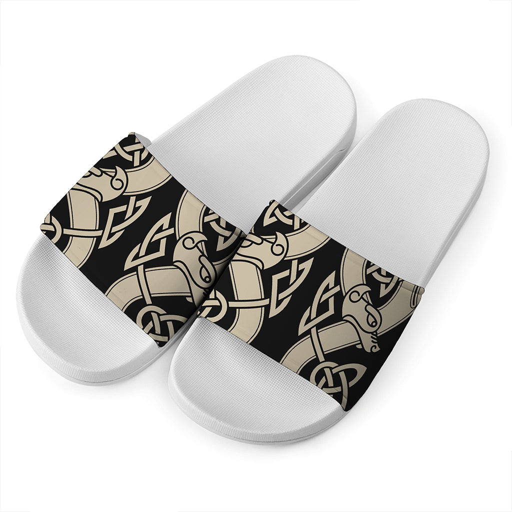 Viking Wolves Symbol Print White Slide Sandals