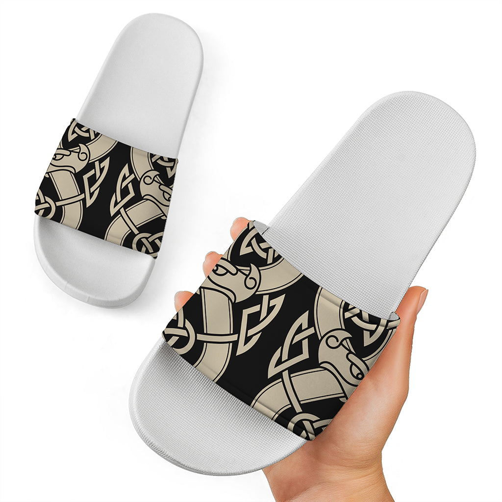 Viking Wolves Symbol Print White Slide Sandals