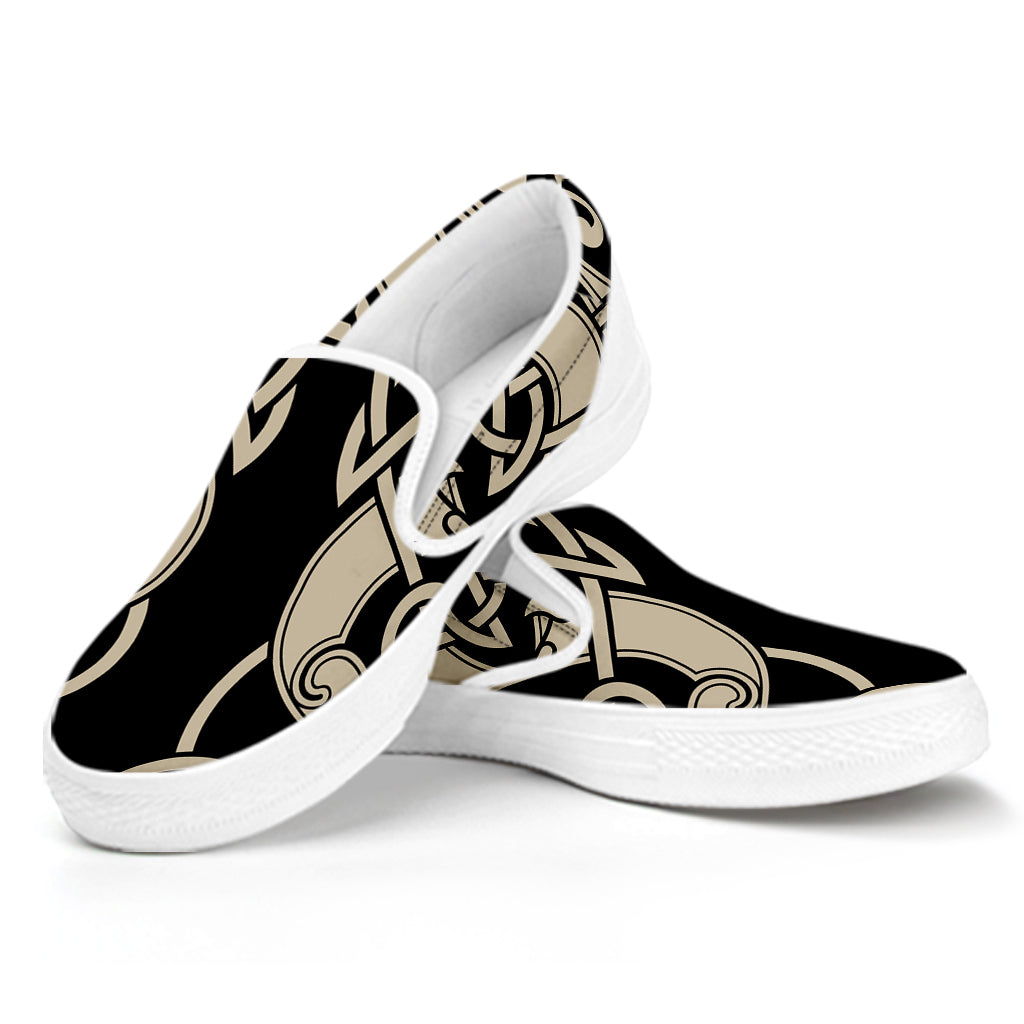 Viking Wolves Symbol Print White Slip On Shoes