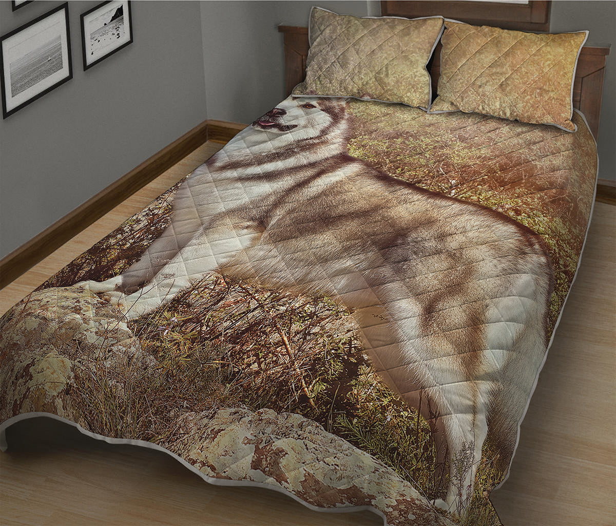 Vintage Alaskan Malamute Print Quilt Bed Set