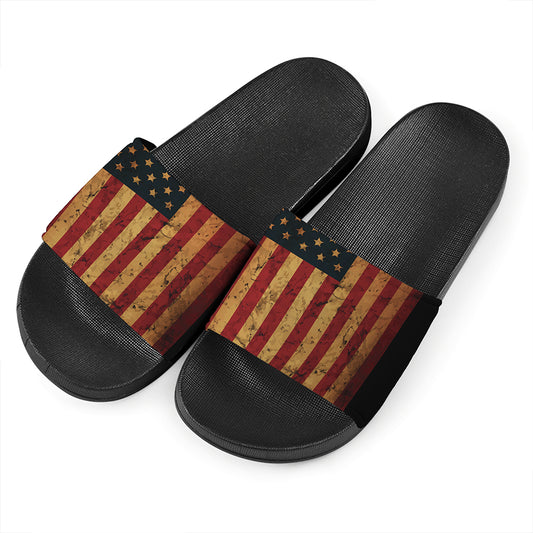 Vintage American Flag Print Black Slide Sandals