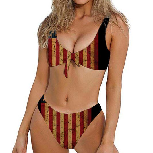Vintage American Flag Print Front Bow Tie Bikini
