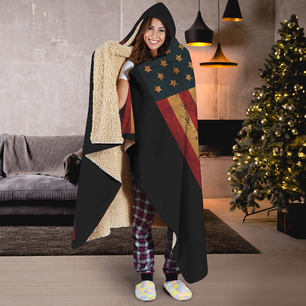 Vintage American Flag Print Hooded Blanket