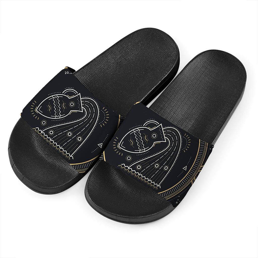 Vintage Aquarius Zodiac Sign Print Black Slide Sandals