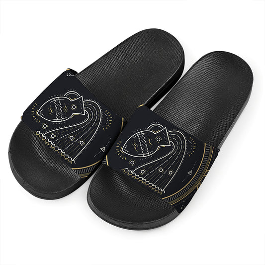 Vintage Aquarius Zodiac Sign Print Black Slide Sandals