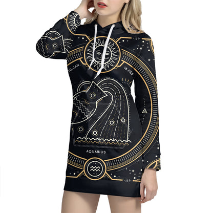 Vintage Aquarius Zodiac Sign Print Pullover Hoodie Dress