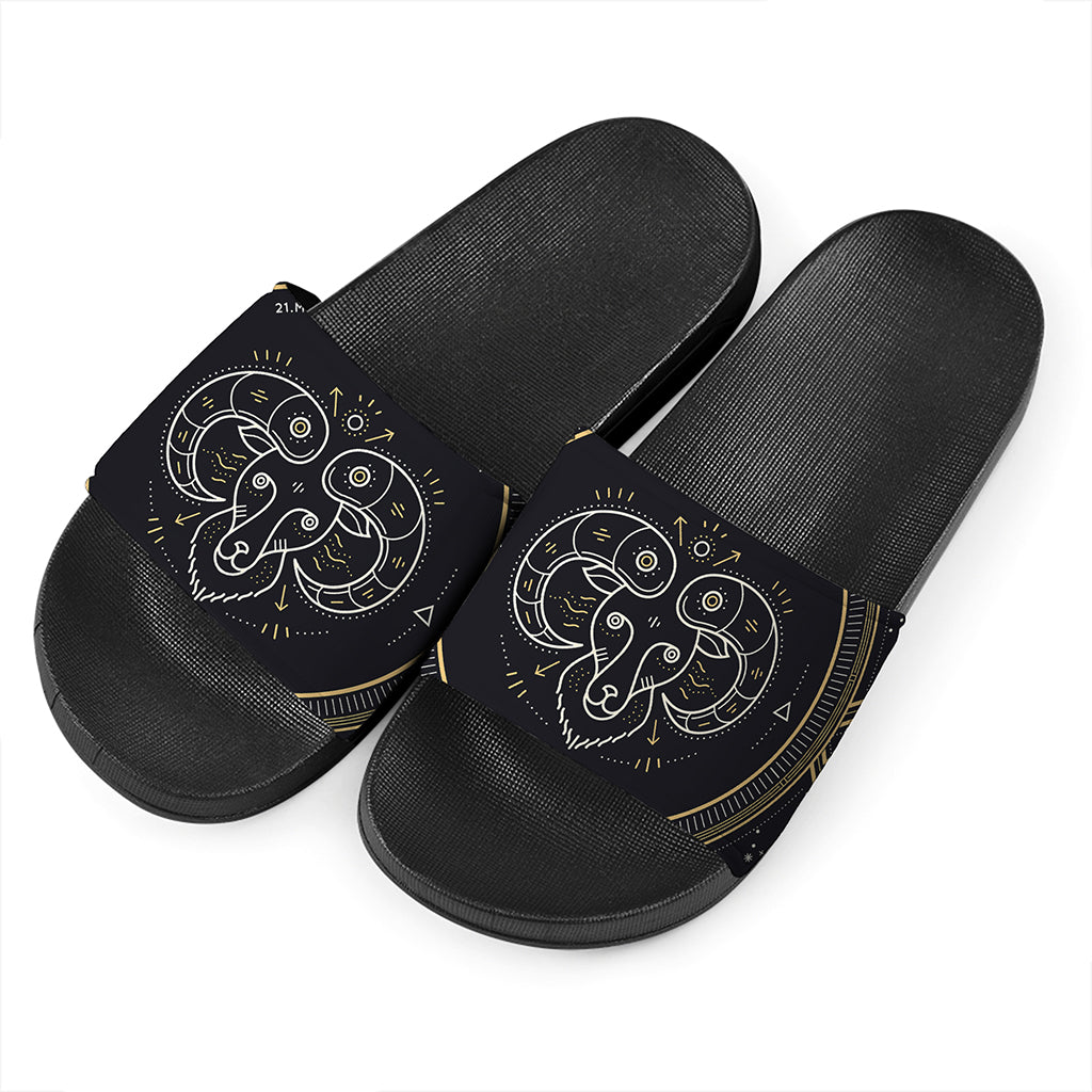 Vintage Aries Zodiac Sign Print Black Slide Sandals