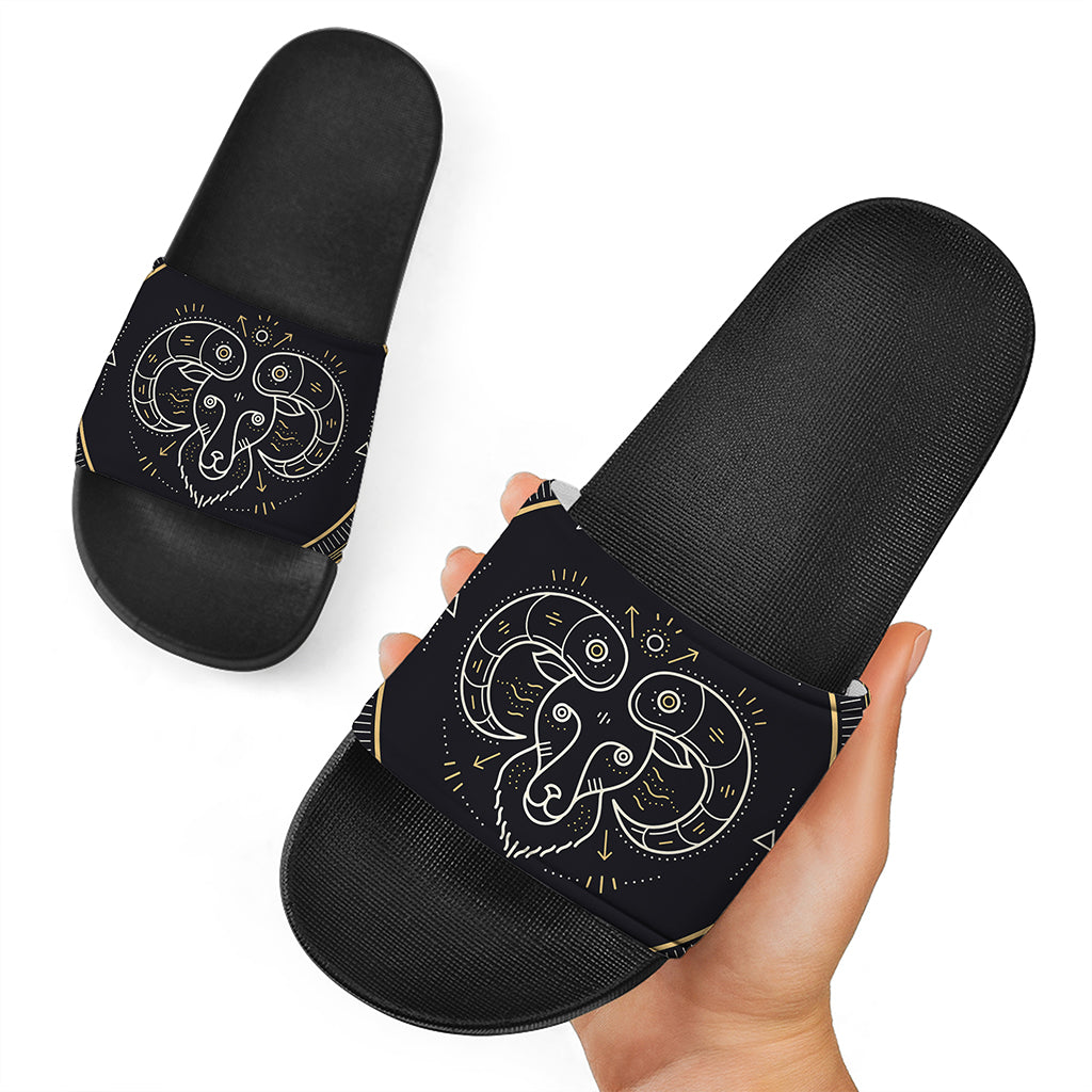 Vintage Aries Zodiac Sign Print Black Slide Sandals