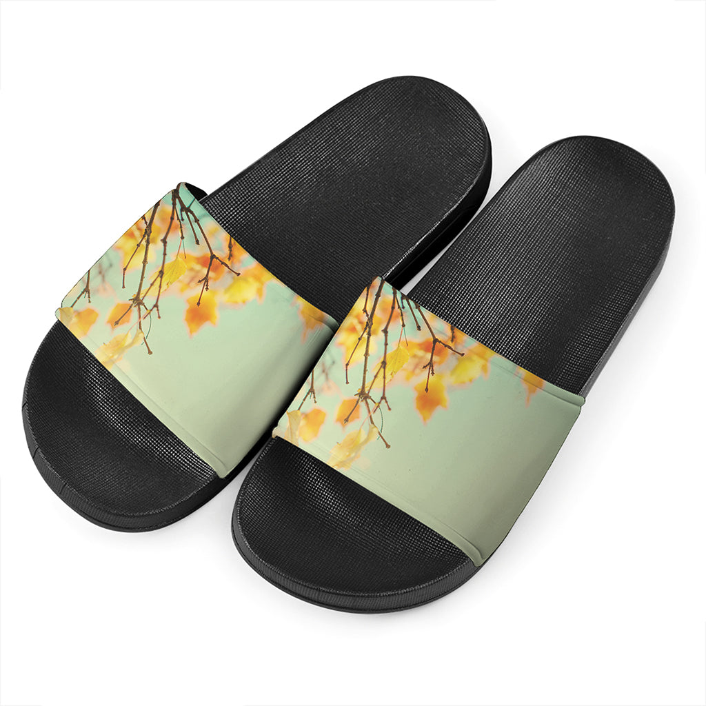 Vintage Autumn Print Black Slide Sandals