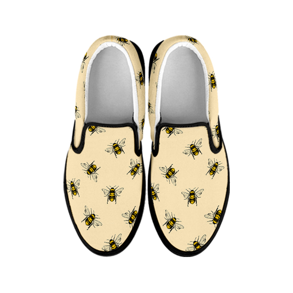 Vintage Bee Pattern Print Black Slip On Shoes