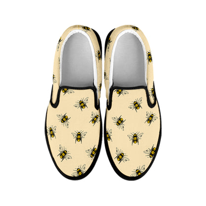 Vintage Bee Pattern Print Black Slip On Shoes