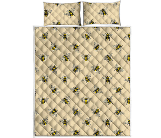 Vintage Bee Pattern Print Quilt Bed Set