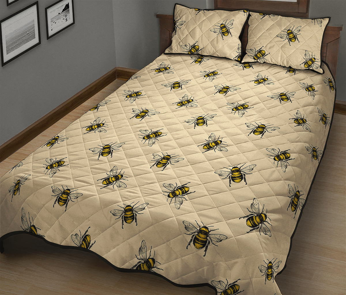 Vintage Bee Pattern Print Quilt Bed Set