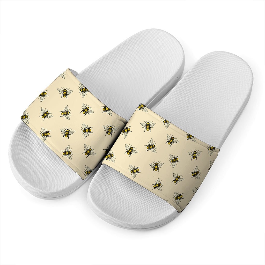 Vintage Bee Pattern Print White Slide Sandals