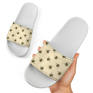 Vintage Bee Pattern Print White Slide Sandals