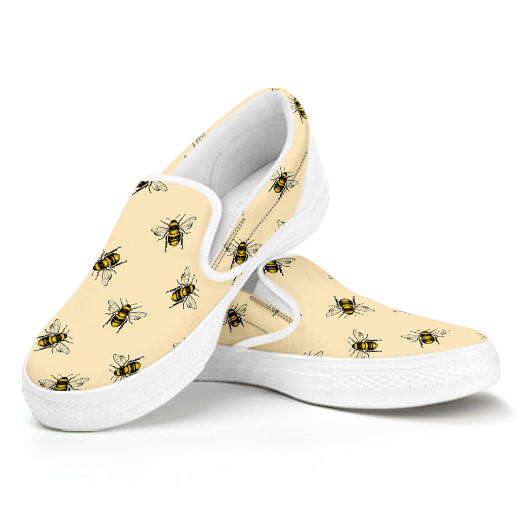 Vintage Bee Pattern Print White Slip On Shoes