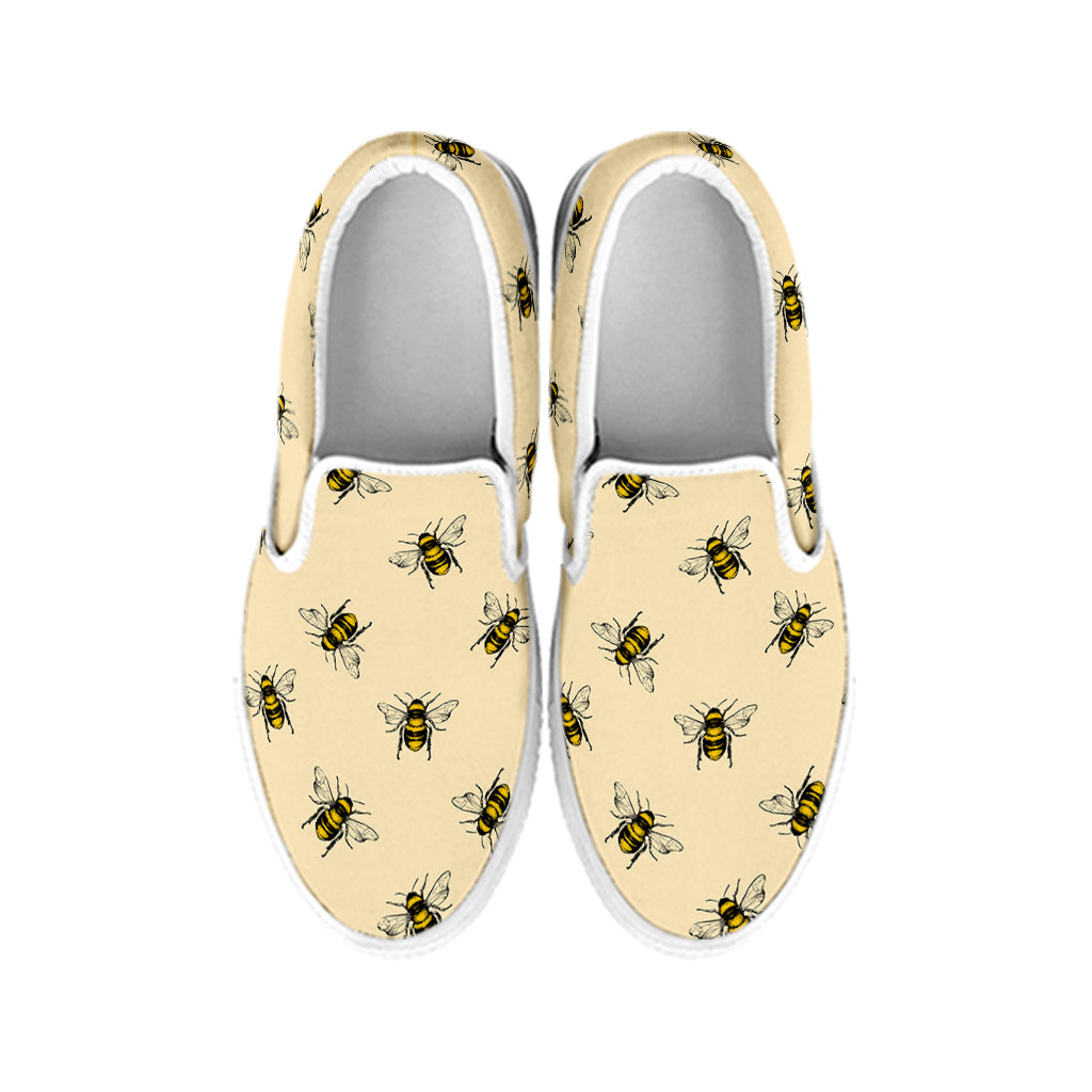 Vintage Bee Pattern Print White Slip On Shoes