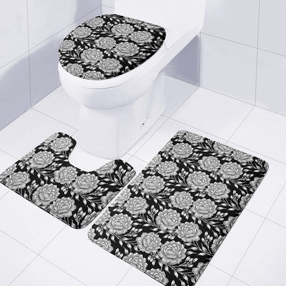 Vintage Black And White Floral Print 3 Piece Bath Mat Set